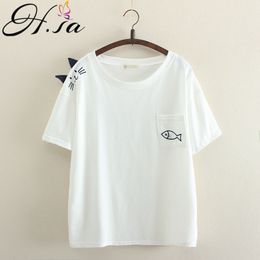 H.SA Japan Style Kawayi Women T-shirt Tops O-Neck Embroidery Fish Cotton TShirt Spring Summer Shirts Befree Top Tee 210417