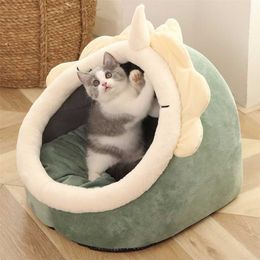 Semi-closed Cat Bed Mat Winter Warm House Tent Soft Pet Dog Basket for Small Cozy Kitten Lounger Cushion s Cave Beds 211111