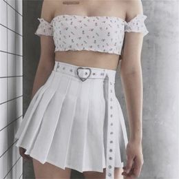Harajuku Heart-Buckle Belt Pleated Skirt Women School e-Girl Cheerleading Belted Mini With Safe Shorts / 210619