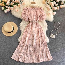 Floral Vestidos Female Summer Sweet Fungus Side Collar Strapless Puff Sleeve Heavy Pleated Chiffon Holiday Midi Dress GL049 210506