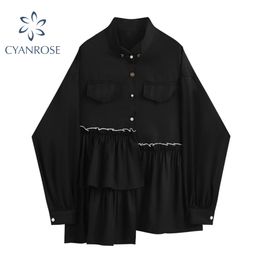 Ruffle Spliced Black Women Blouses Chic Button Cardigan Stand Collar Shirts Female Streetwear Gothic Oversized Harajuku Ins Tops 210417