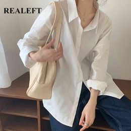 Spring Summer White Oversize Women's Blouse Chic Long Sleeve Buttons Turn-down Collar Solid Loose Shirts Female 210428