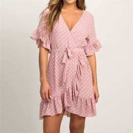 Summer Chiffon Dress Boho Style Beach Dress Fashion Short Sleeve V-neck Polka Dot A-line Party Dress Sundress Vestidos 210522