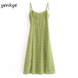 Summer Dress Women Green Floral Print Sling Sundress Female V Neck Sleeveless Hem Slits A-line Chiffon vestido 210514