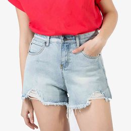 Denim Short Women Button Pocket Light Blue Loose Hole Empire Straight Slim Fit Shorts P0025 210514