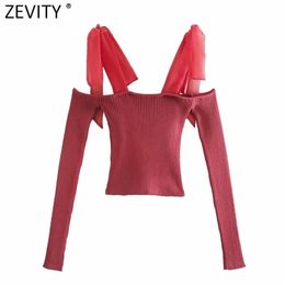 Women Sexy Slash Neck Off Shoulder Knitting Sweater Female Chic Long Sleeve Organza Strap Patchwork Pullovers Tops S599 210416