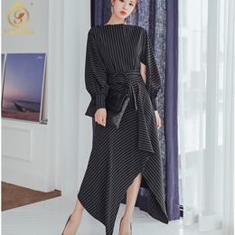 Korean Style Woman Autumn And Winter Casual Lantern Sleeve Striped Dress With Belt Ladies Runway Asymmetrical Party Dresses 210520