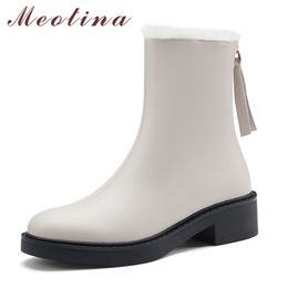 Meotina Short Boots Women Shoes Genuine Leather Platform Mid Heel Ankle Boots Zipper Chunky Heels Warm Boots Lady Winter Beige 210520