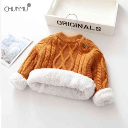 Plush Inside Pure Colour Winter Baby Boy And Girl Kid Thick Knitted O-Neck Shirts Solid Warm Sweater 0-5 Years 210508