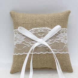 Burlap Wedding Ring Pillows 2021 Arrival Tan Rings Bearer Pillow for Weddings Anniversary with Bow 15cm*15cm Satin Lace Ribbon Custom Made