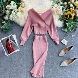 Croysier Winter Two Piece Set Women Sweater Top And Skirt 2 Piece Knitted Set Women Clothes Elegant Sexy Bodycon Sets Outfits 220217