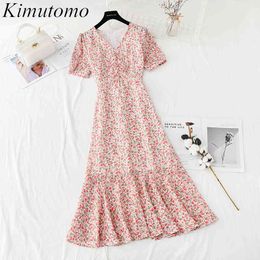 Kimutomo Elegant Floral Dress V-neck Short Puff Sleeve Summer Chiffon Robe Female High Waist Slimming Maxi Vestidos Casual 210521