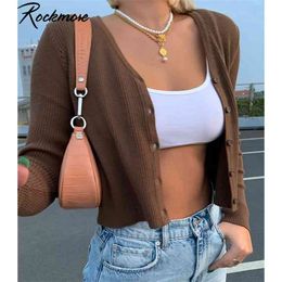 Rockmore Sweater Knitwear Women Autumn Long Sleeve V Neck Knitted Cardigans Harajuku Korean Brown Crop Tops Solid Outwear 210922