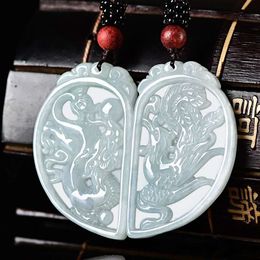 Certificate Natural Emerald Dragon Phoenix Jade Pendant Bead Necklace Charm Jewellery Fashion Hand-Carved Man Woman Luck Amulet