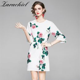 Runway Elegant Holiday Rose Floral Women Vintage Flower Print Loose A-Line Dress Female O-Neck White Summer vestidos 210416