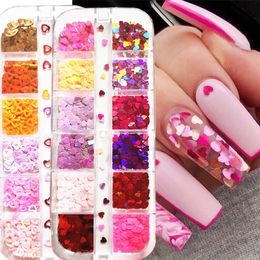 12 Grids box Laser Love Heart Butterfly Nails Sequins Mixed Color Sparkle Glitter Flakes 3D Nail Art Decorations Accessories
