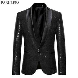 Black Sequin One Button Shawl Collar Suit Jacket Men Bling Glitter Nightclub Prom DJ Blazer Jacket Men Stage Clothes for Singers 210522