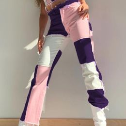 女性のジーンズステッチカラービンテージパッチワークストレートハイウエストデニムズボンブラシをかけた全長パンツママフェムム