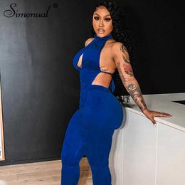 Simenual Velvet Backless Halter Solid Two Piece Sets Women Sleeveless Club Partywear Cut Out Front Top And Pants Matching Set Y0625