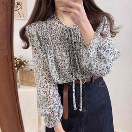 Casual Blouses Women Floral Print Chiffon Shirts Cardigan Ladies Tops Autumn Korean Puff Long Sleeve Blouse Bow Blusas 10408 210417