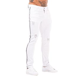 Jeans White Hip hop Men Cotton High Waist Pants Stretch Skinny Jeans Men Waist Elastic Pants for Men Silm Fit zm143