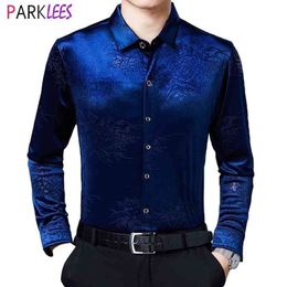 Mens Royal Blue Floral Velvet Dress Shirts Autumn Slim Fit Shirt Men Chemise Long Sleeve Casual Velour Shirt Male S-4XL 210522