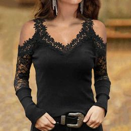 Fashion Off Shoulder Tunic Blouse Shirt Sexy Lace V-neck Tops Summer Casual Ladies Tops Female Women Long Sleeve Blusas Pullover H1230