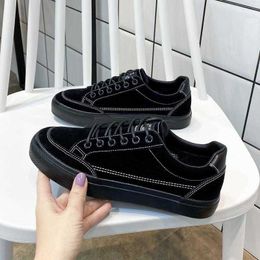 Cow Suede Autumn Solid Color Black Lace-up Thick-soled Canvas Shoes Women's All-match Casual Sneakers 2021 New Y0907