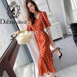 Dabuwawa Vintage Dot Sashes Long Dress Women Elegant Square Neck Puff Sleeve Button Front Dress Party Dresses Lady DT1BDR053 210520
