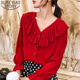 Fashion Women Chiffon Blouses Long Sleeve V-neck Ruffles Office Lady White Red Tops Casual Clothing 5324 50 210506