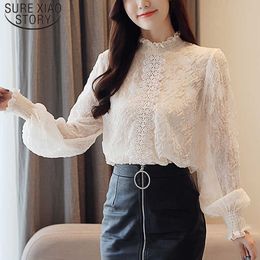 Sweet Full Lace Solid Ladies Tops Long Sleeve Regular Chiffon Women Shirts Stand Lantern Sleeve Women Blouses 5114 50 210527