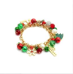 Gold Tone Christmas Bracelet Party Favor X-Mas Holiday Jingle Bells Charm Beaded Crystal Ball Wristband Green