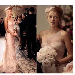 Gossip Girl Serena 2022 Sexy Blush Pink Mermaid Wedding Dresses One Shoulder Sweep Train Ruffles garden Bridal Gowns