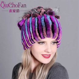 Genuine Rex Rabbit Fur Women's Hats Winter Beanie Striped Head Top Flower Warm Real Wool Knit Caps Headgear Hat free 211119