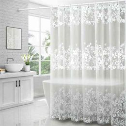 Bathroom Waterproof Shower Curtain Set With Hooks White Flower Vine Print Mildew Proof Curtains Translucent Bath Screen Decor 210915