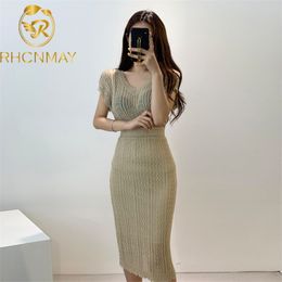 Summer Women Double V-neck Short Sleeve Tops + Stretch Bodycon Long Skirts Sweater Set Thin Twist Skirt Knitted 2 piece set 210506