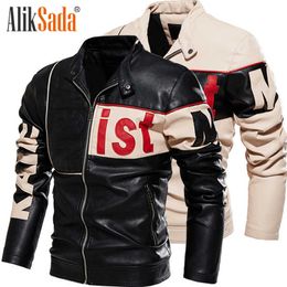 Aliksada Men Jackets Men Trendy Motorcycle Clothing Color-Blocking Pu Coat Plus Velvet Beige Leather Jacket Men 211018