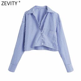 Women Vintage Turn Down Collar Striped Print Short Smock Blouse Office Lady Long Sleeve Shirts Chic Loose Tops LS9005 210420