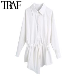 TRAF Women Fashion Pleated Asymmetry Blouses Vintage Long Sleeve Button-up Female Shirts Blusas Chic Tops 210415