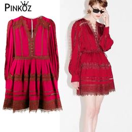 runway designer style spring autumn red lace v-neck buttons party dinner mini dress for women holiday causal mujer chic 210421