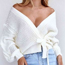 white vintage front tie cardigans women autumn winter v neck belt short knitted lace up 210427