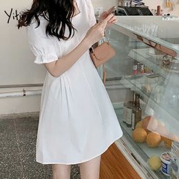 Yitimuceng Vintage Dresses for Women Summer zipper Casual Mini Dress Korean Fashion Short Puff Sleeve Black White Sundress 210601