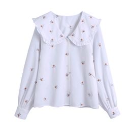 Elegant Women Floral Embroidery Shirts Fashion Ladies White Peter pan Collar Tops Streetwear Female Chic Blouses 210430