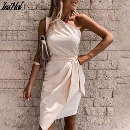 Women Elegant Off Shoulder Solid Party Dress Sexy Sleeveless Slim Design Belt Mini Dress Casual Irregular Drape Dress Mujer 210514