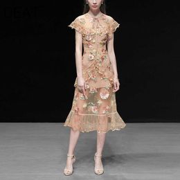 [DEAT] Summer Fashion Round Neck Knee-length Ruffles Net Yarn Embroidery Printing Loose Elegant Dress Women 13Q048 210527