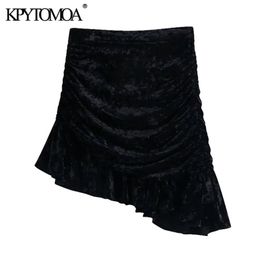 Women Chic Fashion Pleated Velvet Asymmetrical Mini Skirt High Waist BacK Zipper Female Skirts Mujer 210420