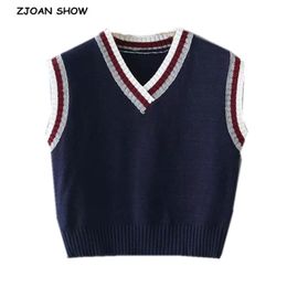 Preppy Style Navy Blue Knitted Sweater Vest Women 90's Vintage Korean Clothes Striped V Neck Tank Top Y2K Knitwear 210429