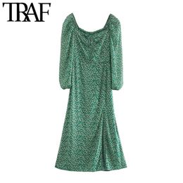 TRAF Women Chic Fashion Floral Print Side Slit Midi Dress VIntage Tied V Neck Lantern Sleeve Female Dresses Vestidos 210415