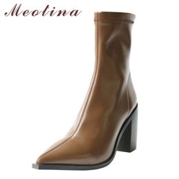 Mid-Calf Boots Women Shoes Zip Extreme High Heel Short Pointed Toe Chunky Heels Ladies Autumn Black Brown 40 210517