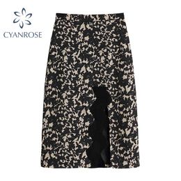 Vintage Print Skirt Women High Waist A-Line Hem Split Temperament Sexy Midi Skirts Office Ladies Party Club Loose Buttoms 210417